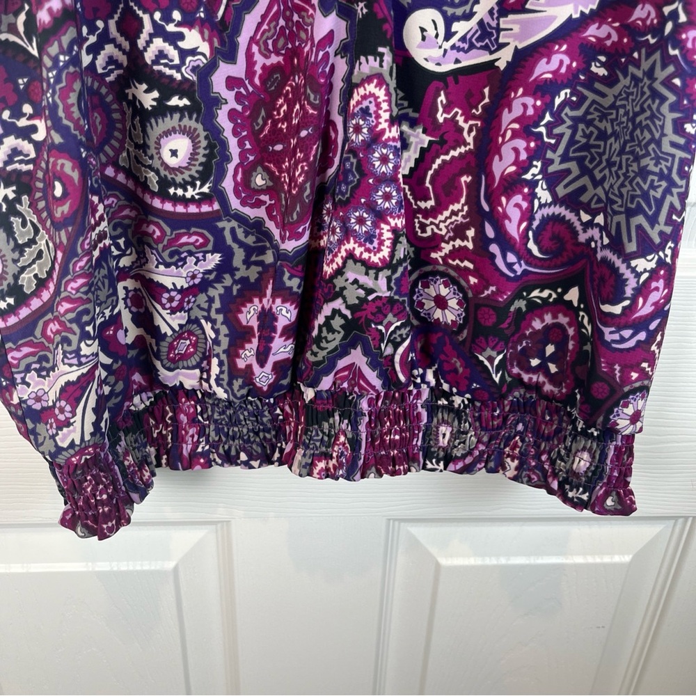 eci New York Multi Purple & Gray Blouse Elastic Waist Hem Ruffles Women’s Size 8 - Picture 4 of 14